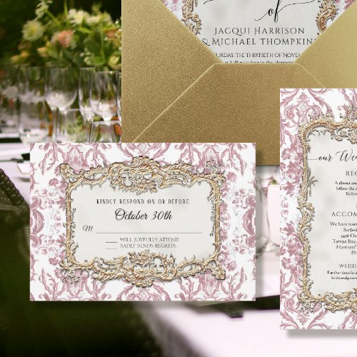 Vintage Baroque Rococo Pink n Gold Floral Wedding RSVP Card