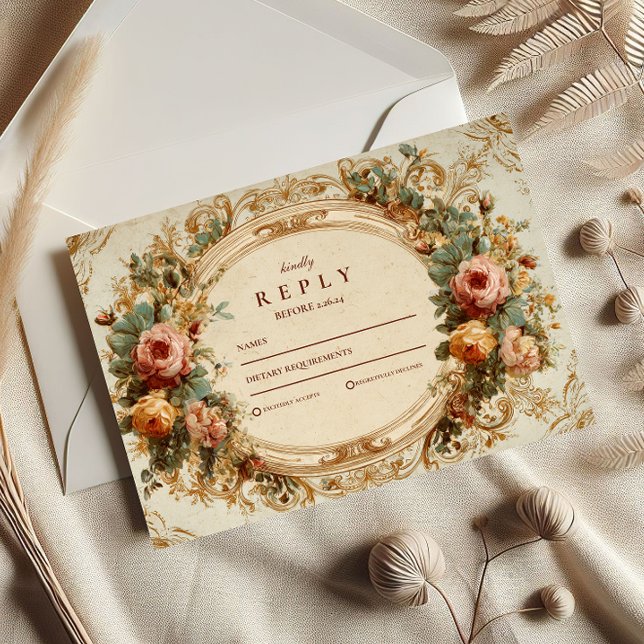 Vintage Baroque Rose Wedding RSVP Card (Creator Uploaded)