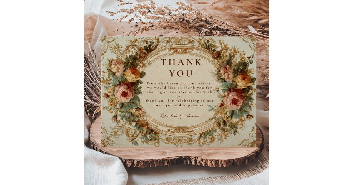Vintage Baroque Rose Wedding Thank You Card | Zazzle