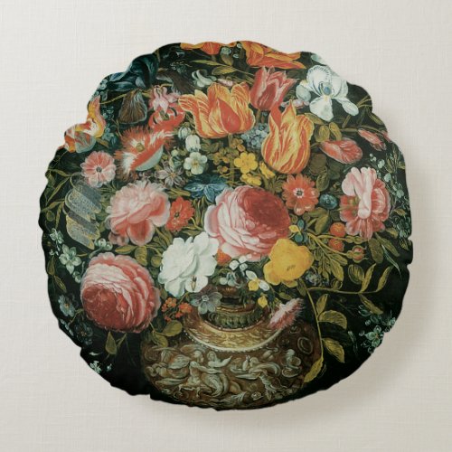 Vintage Baroque Still Life Flowers in a Vase Round Pillow