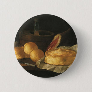 Vintage Baroque Still Life with Bread, Tart, Ham Button