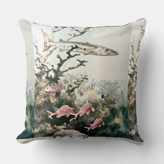 Vintage Barracuda and Reef Fishes Throw Pillow (Front)