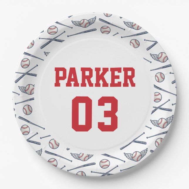 Vintage Baseball All Star Birthday Red Paper Plates (Front)