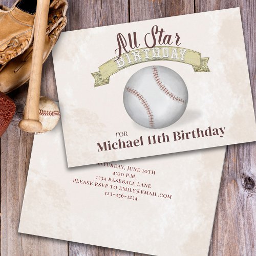Vintage Baseball All Star Birthday Simple Party  Invitation