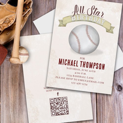 Vintage Baseball All Star Simple Birthday Party  Invitation