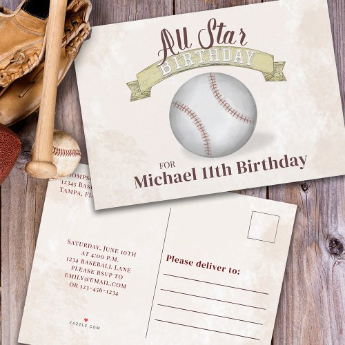 Vintage Baseball All Star Simple Birthday Party  Invitation Postcard
