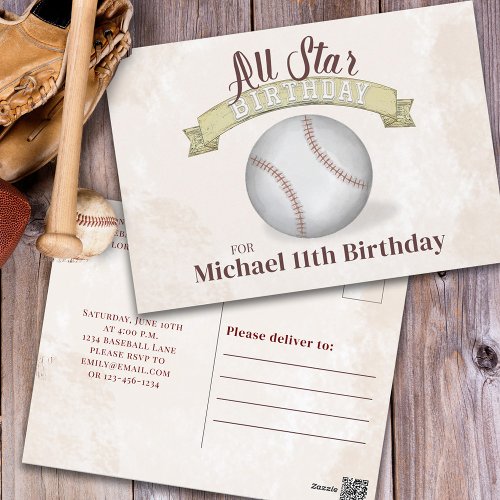 Vintage Baseball All Star Simple Birthday Party  Postcard
