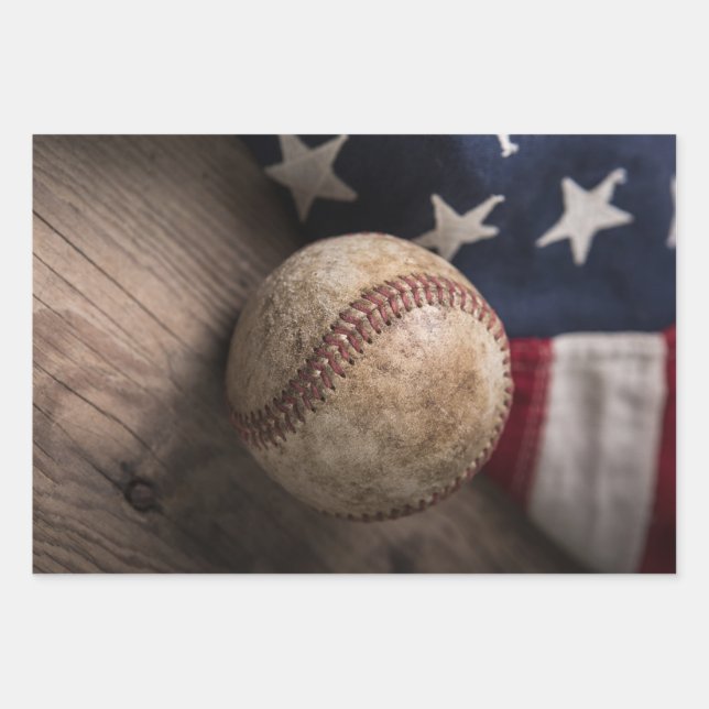 VIntage Baseball and Flag Wrapping Paper Sheets (Front)