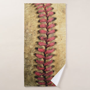 Vintage Baseball Art - Aged Leather & Red Stitch Bath Towel