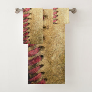 Vintage Baseball Art - Aged Leather & Red Stitch Bath Towel Set