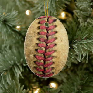 Vintage Baseball Art - Aged Leather & Red Stitch Ceramic Ornament