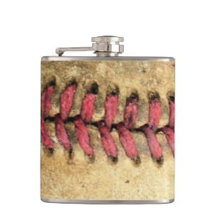 Vintage Baseball Art - Aged Leather & Red Stitch Flask
