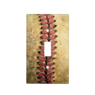 Vintage Baseball Art - Aged Leather & Red Stitch Light Switch Cover