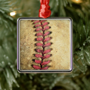 Vintage Baseball Art - Aged Leather & Red Stitch Metal Ornament