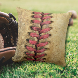 Vintage Baseball Art - Aged Leather & Red Stitch Throw Pillow