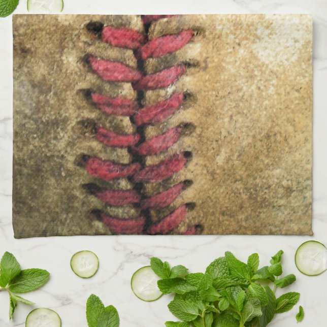 Vintage Baseball Art - Aged Leather & Red Stitch Towel (Folded)