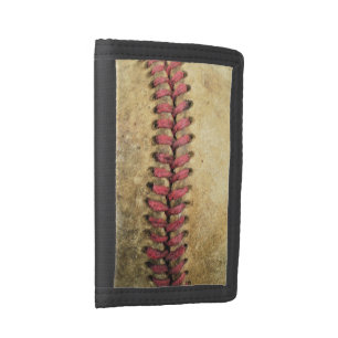 Vintage Baseball Art - Aged Leather & Red Stitch Trifold Wallet