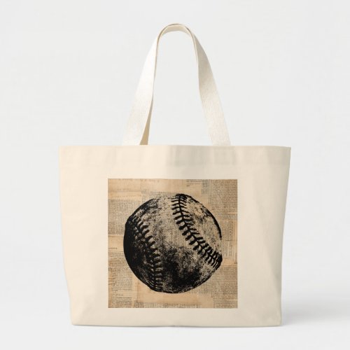 Vintage Baseball Art Illustration Newspaper Style Large Tote Bag
