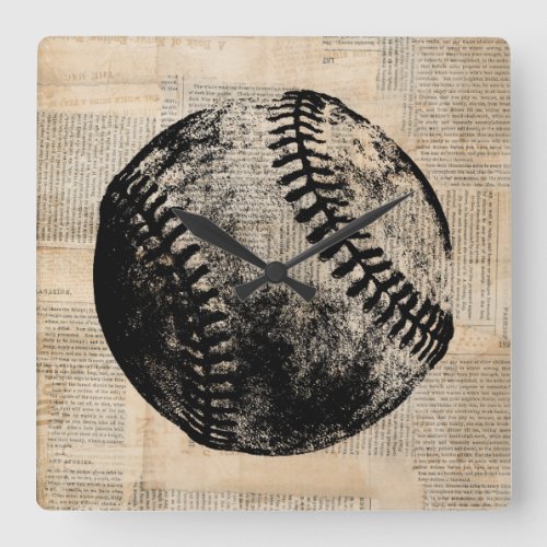 Vintage Baseball Art Illustration Newspaper Style Square Wall Clock