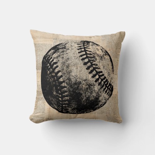 Vintage Baseball Art Illustration Newspaper Style Throw Pillow