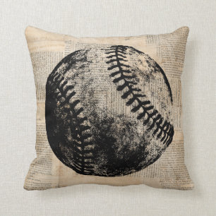 Vintage Baseball Art Illustration Newspaper Style Throw Pillow