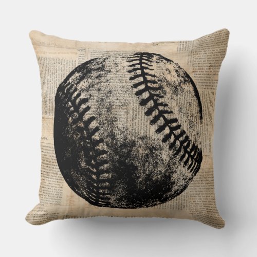 Vintage Baseball Art Illustration Newspaper Style Throw Pillow