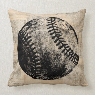 Vintage Baseball Art Illustration Newspaper Style Throw Pillow