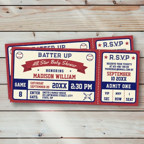 Vintage Baseball Baby Shower Ticket Invitation