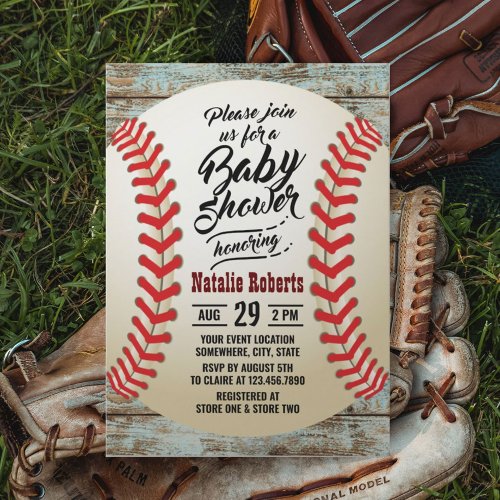 Vintage Baseball Barn Wood Background Baby Shower Invitation