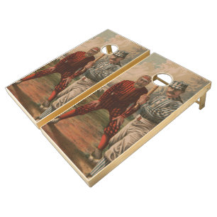 Vintage Baseball Batter and Catcher Illustration Cornhole Set