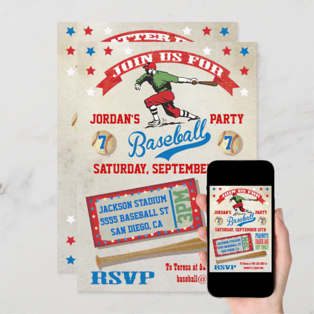 Vintage Baseball Birthday Party Invitations 