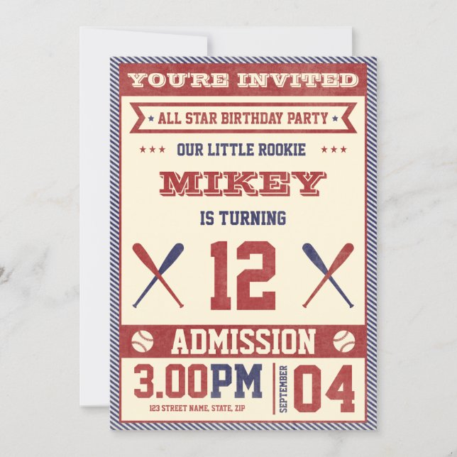 Vintage Baseball Birthday Party Invite (Front)