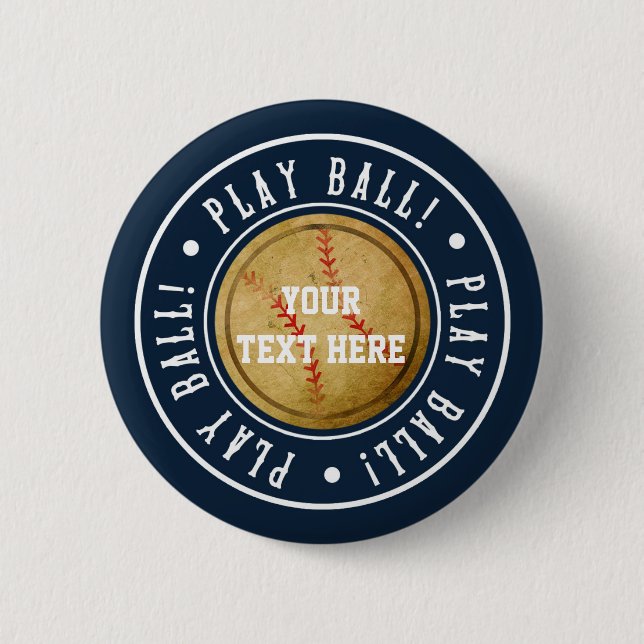 Vintage BASEBALL Blue PLAY BALL Birthday Party Button (Front)
