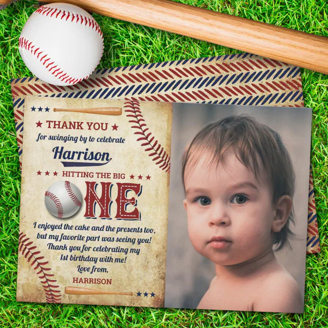 Vintage Baseball Boys 1st Birthday Photo Thank You Card | Zazzle