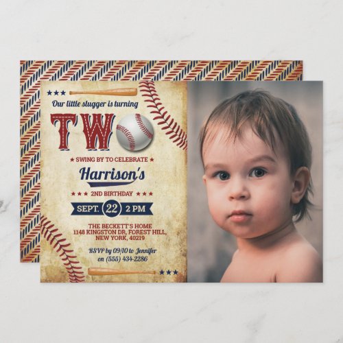 Vintage Baseball Boys 2nd Birthday Photo Invitation