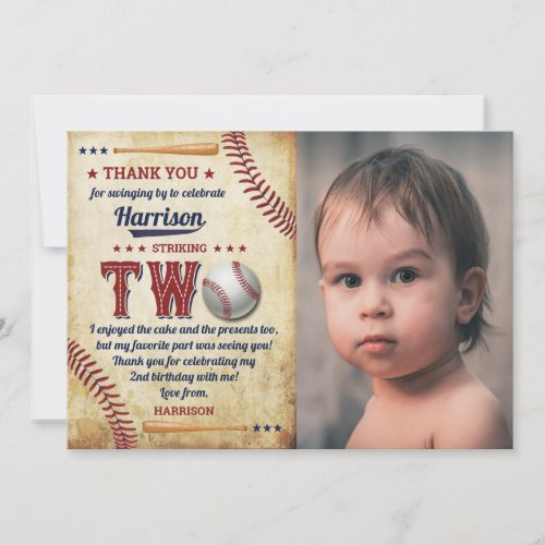 Vintage Baseball Boys 2nd Birthday Photo Thank You Card