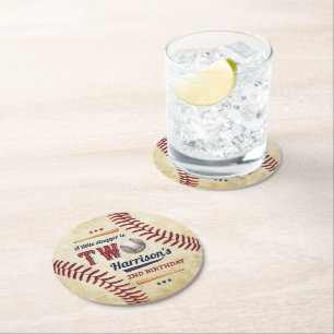 Vintage Baseball Boys 2nd Birthday Round Paper Coaster