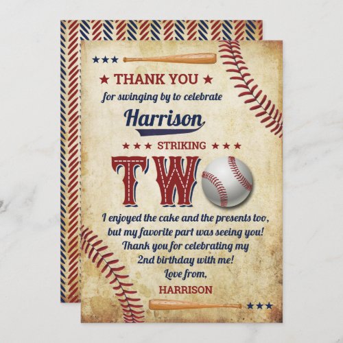 Vintage Baseball Boys 2nd Birthday Thank You Card