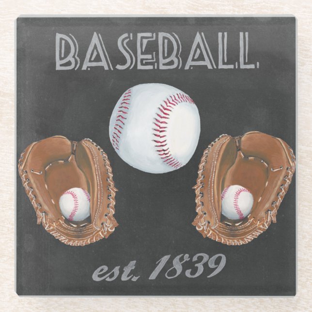 Vintage Baseball Chalkboard Design Glass Coaster (Front)