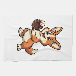 Vintage Baseball Corgi Dog Catcher Cartoon Vector Kitchen Towel