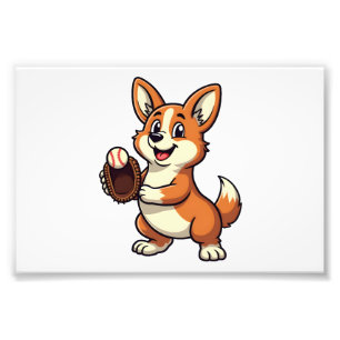 Vintage Baseball Corgi Dog Catcher Cartoon Vector  Photo Print