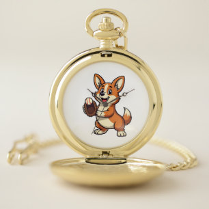 Vintage Baseball Corgi Dog Catcher Cartoon Vector  Pocket Watch