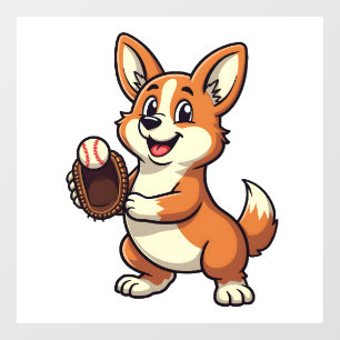 Vintage Baseball Corgi Dog Catcher Cartoon Vector  Window Cling