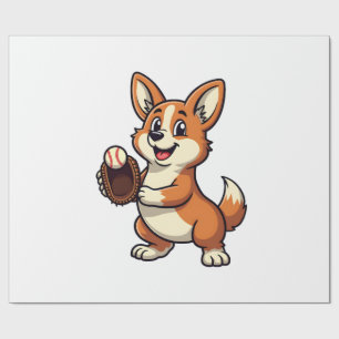 Vintage Baseball Corgi Dog Catcher Cartoon Vector  Wrapping Paper