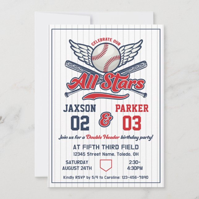 Vintage Baseball Double Header Joint Birthday Invitation (Front)