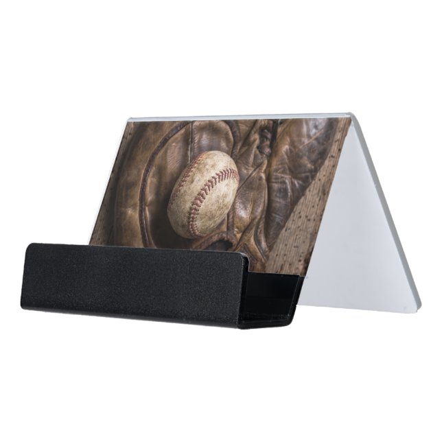 Vintage Baseball Equipment Desk Business Card Holder (Angled Front)