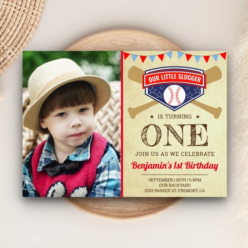 Vintage Baseball First Birthday Party Photo Invitation