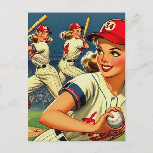 Vintage Baseball Girls Illustration Postcard