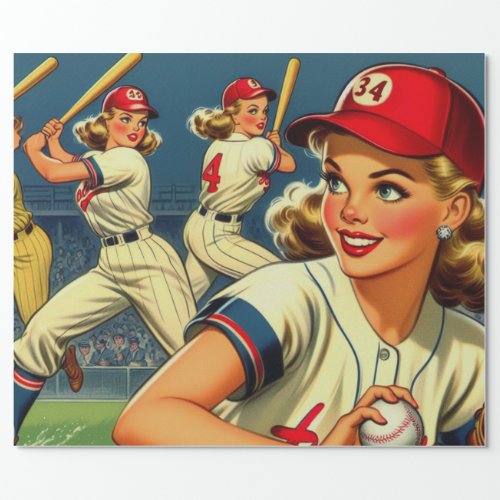 Vintage Baseball Girls Illustration Wrapping Paper