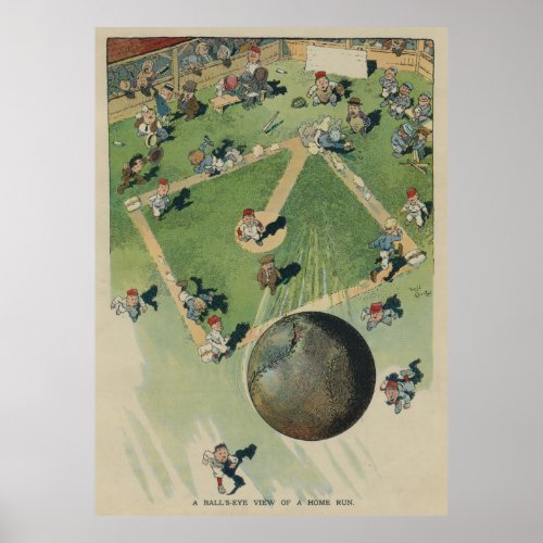 Vintage Baseball Home Run _ Birds Eye View Illustr Poster